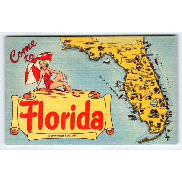 Greetings From Florida Map Postcard Swim Suit Beach Girl Linen Curt Teich Unused - Picture 1 of 2